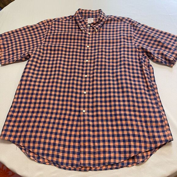 346 Brooks Brothers Navy Blue Orange Plaid Gingham Linen Button Up Shirt Size XL - Picture 1 of 6
